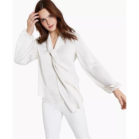 Bar III Tie Neck Cinched Sleeve Blouse Off-White XXS - Picture 1 of 3